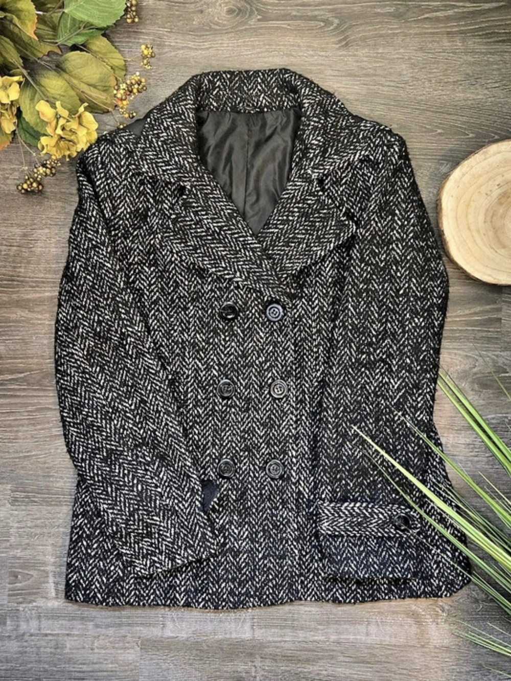Herringbone Pea Coat in Black & White Like New